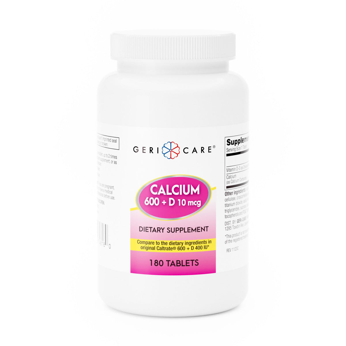 GeriCare Calcium 600mg, bouteille et étiquette, soutien potentiel à la santé osseuse.