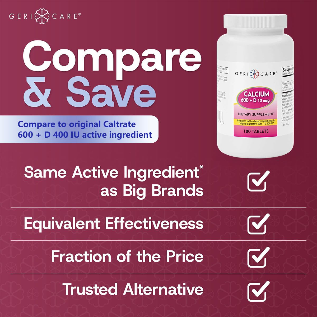 GeriCare Calcium 600mg, capsules en blister, apport quotidien pour les os.