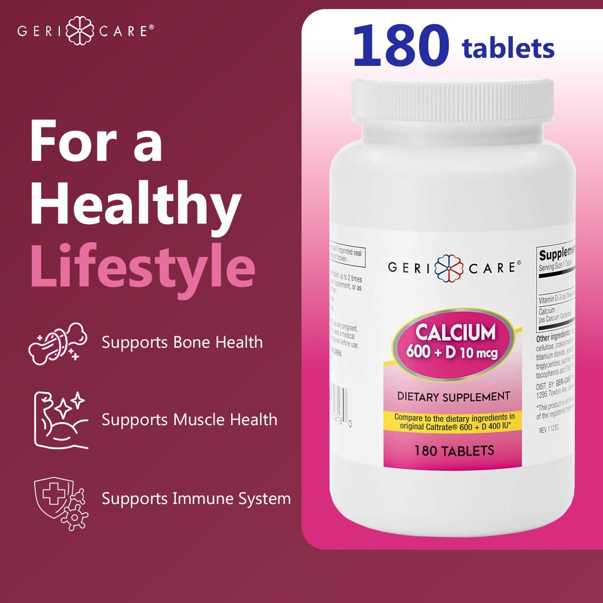 GeriCare Calcium 600mg, emballage compact, pratique à transporter et ranger.