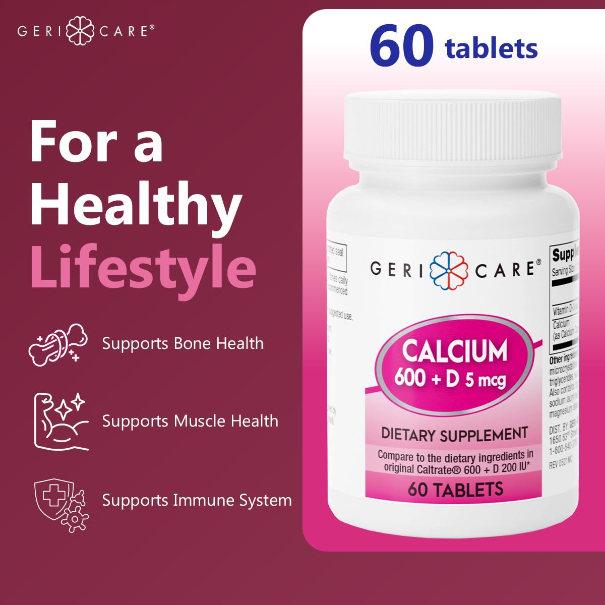 GeriCare Calcium 600 mg – étiquette lisible indiquant dosage quotidien et vitamine D.
