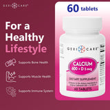 GeriCare Calcium 600 mg – étiquette lisible indiquant dosage quotidien et vitamine D.