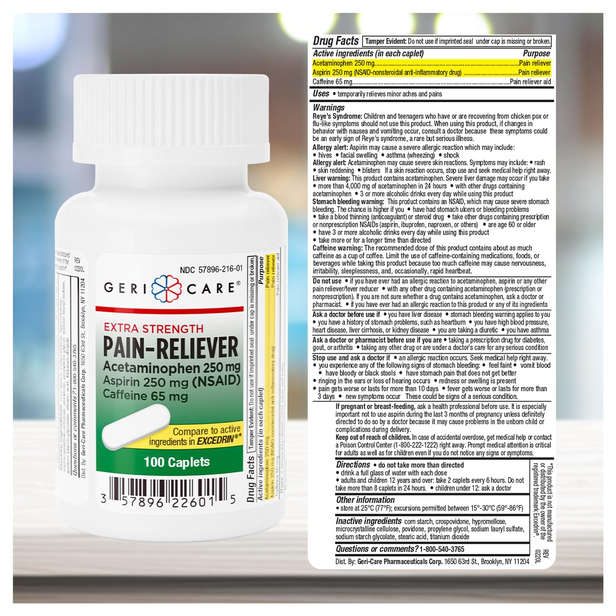 GeriCare caplets dosage 65 mg caféine, stimulant léger et efficacité possible