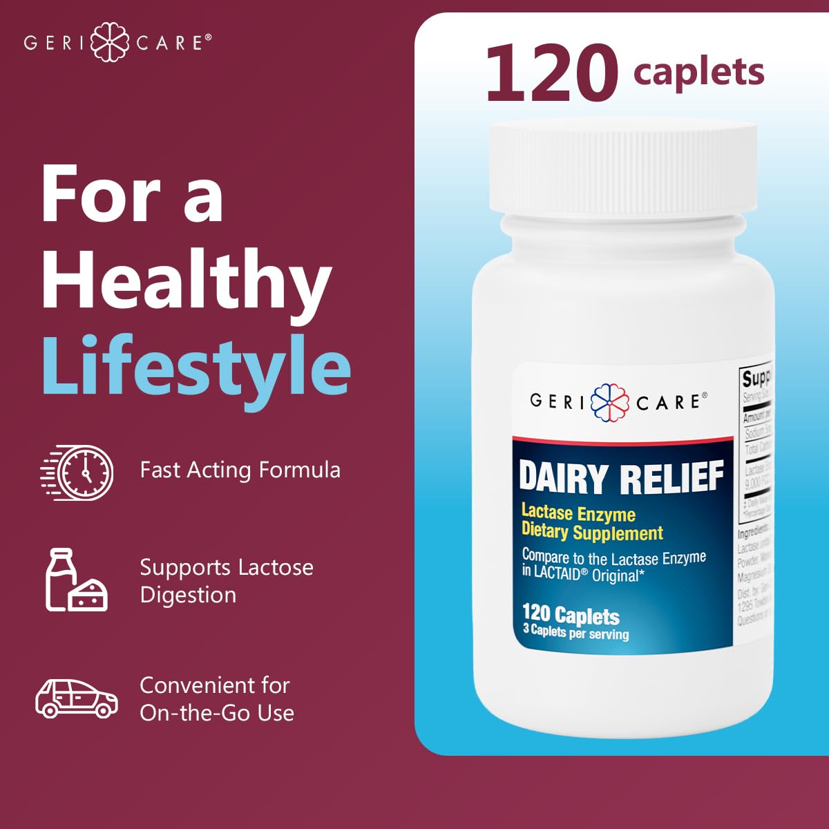 Caplets lactase GeriCare en gros plan montrant texture lisse et qualité