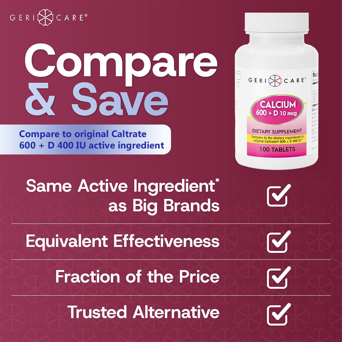 GeriCare comprimés calcium 600mg – gros plan sur les comprimés, prise quotidienne.