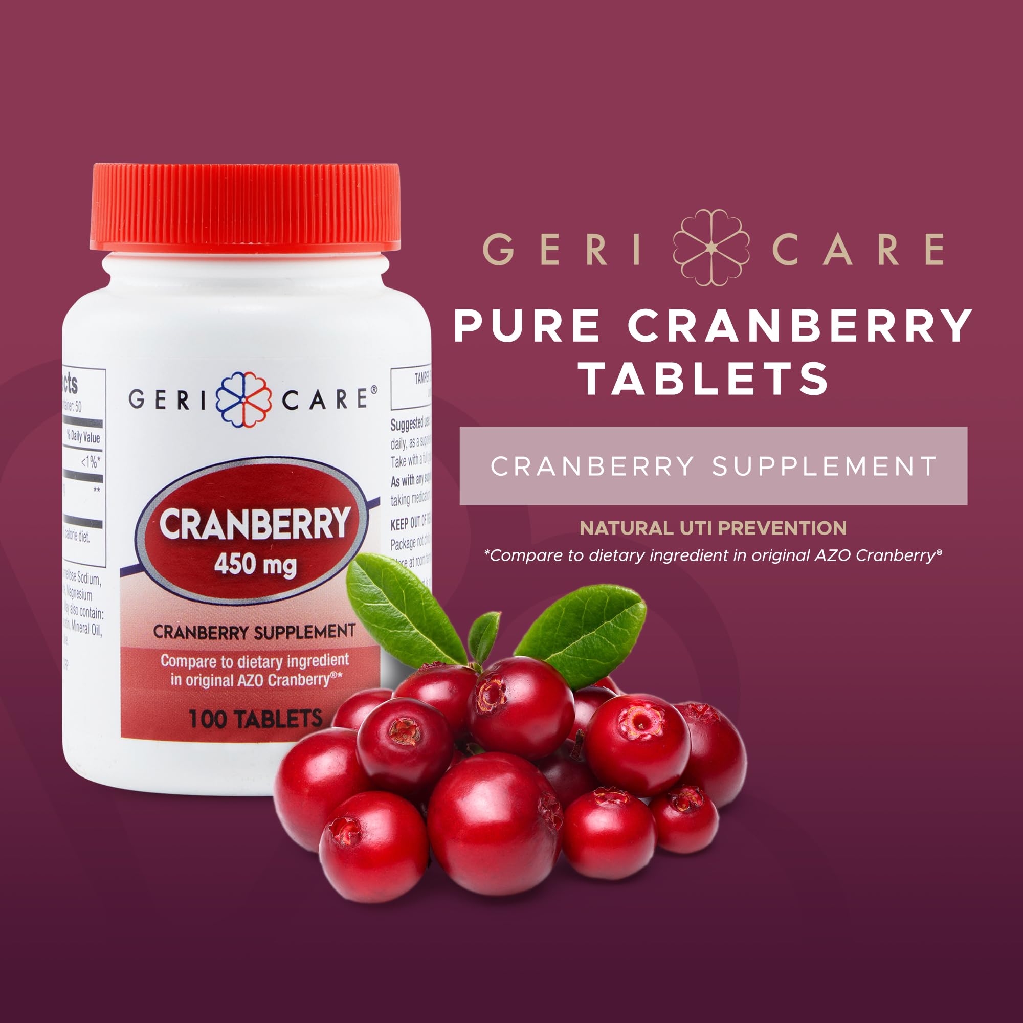 GeriCare Cranberry, gros plan sur les comprimés faciles à avaler.