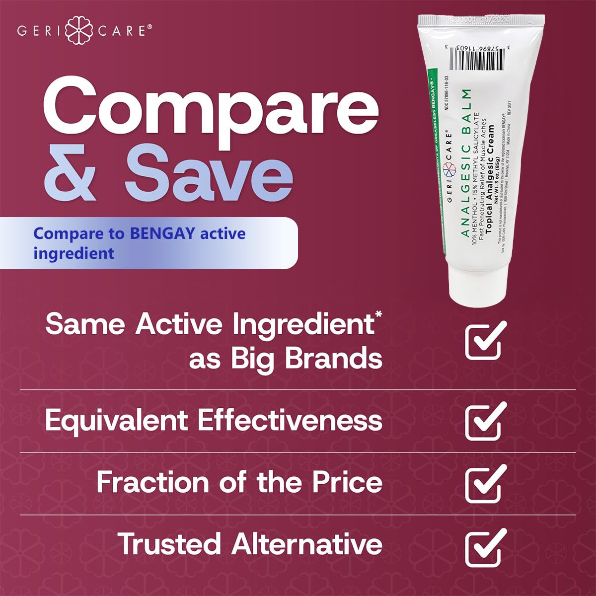 GeriCare Crème Analgésique Topique méthyl salicylate 15% pour douleur musculaire