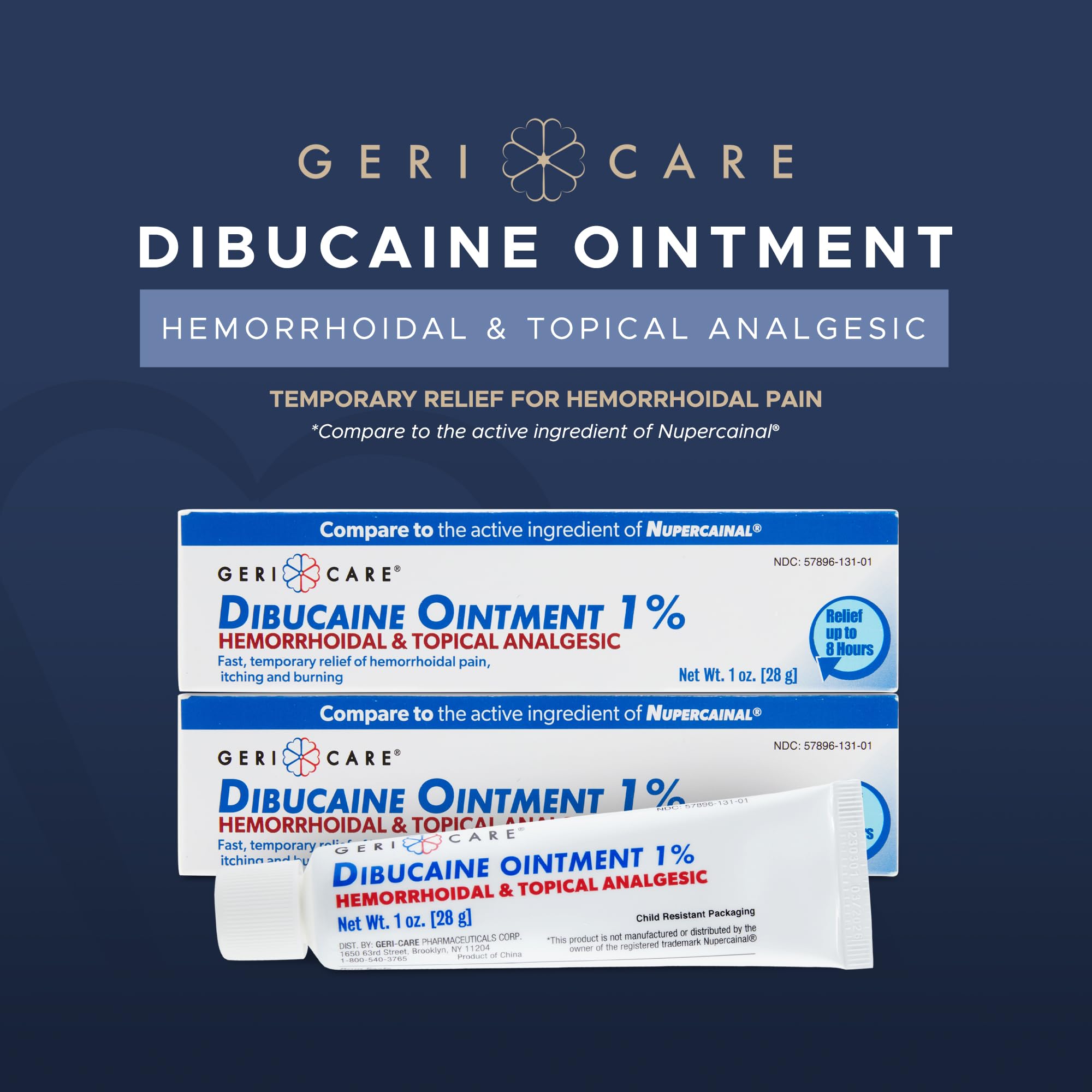 Crème GeriCare Dibucaine 1% – tube 28 g, soulagement rapide des hémorroïdes.