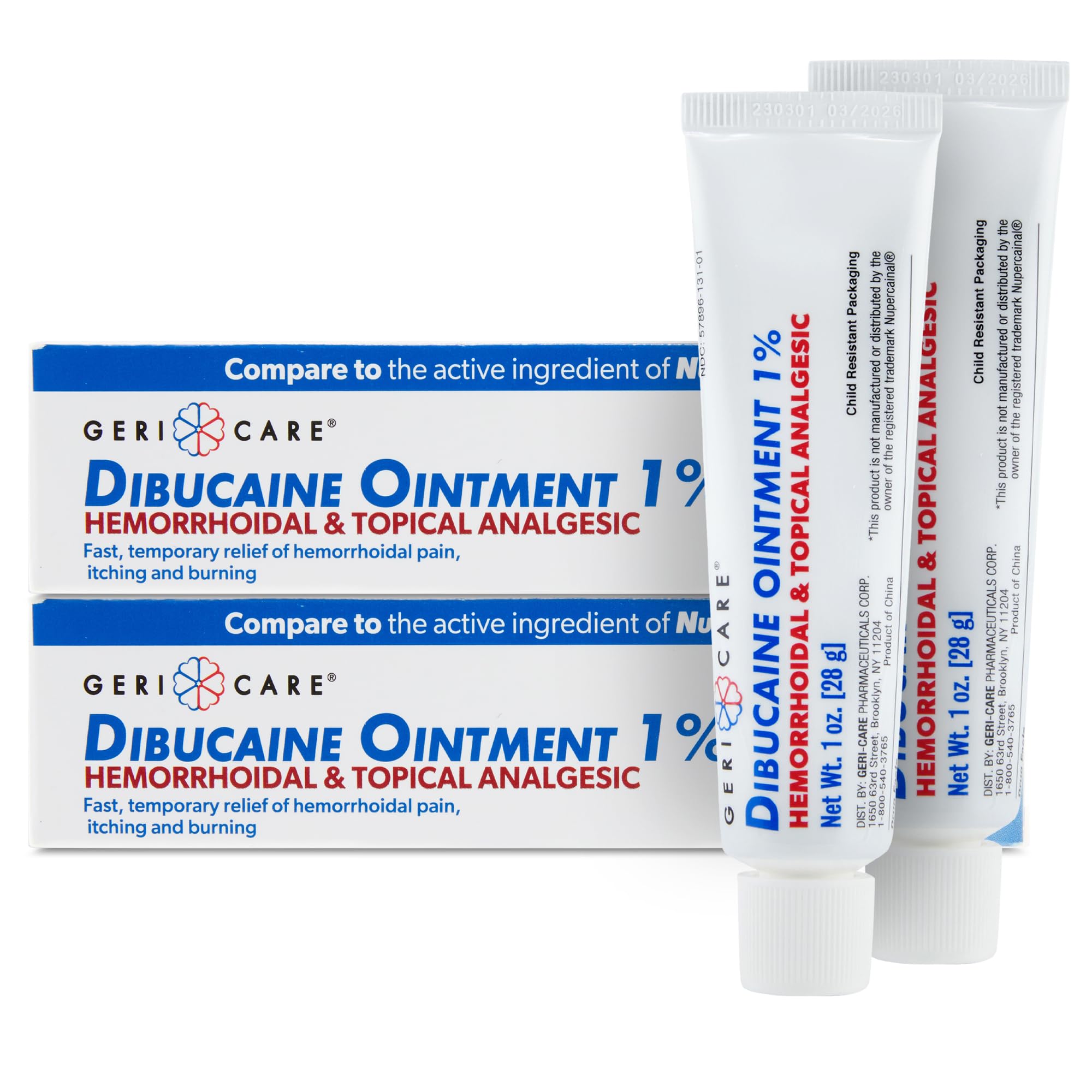 Crème GeriCare Dibucaine 1% – tube 28 g, soulagement rapide des hémorroïdes.