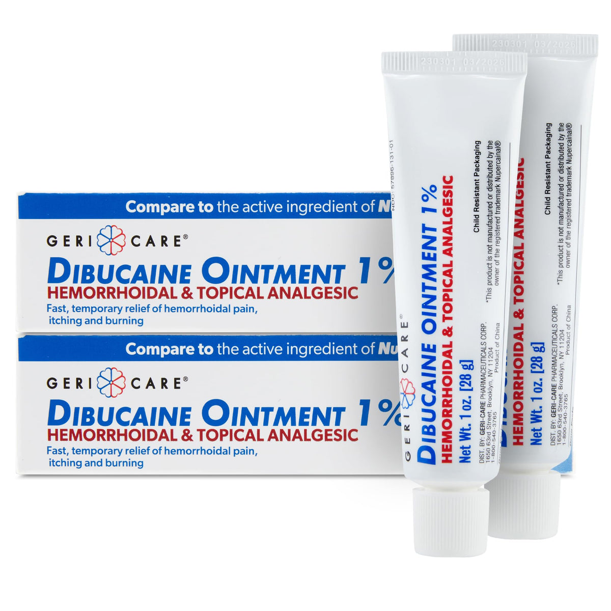 Crème GeriCare Dibucaine 1% – tube 28 g, soulagement rapide des hémorroïdes.