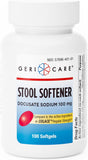 GeriCare Docusate Sodium 100 mg : bouteille de gélules émollientes pour selles douces.