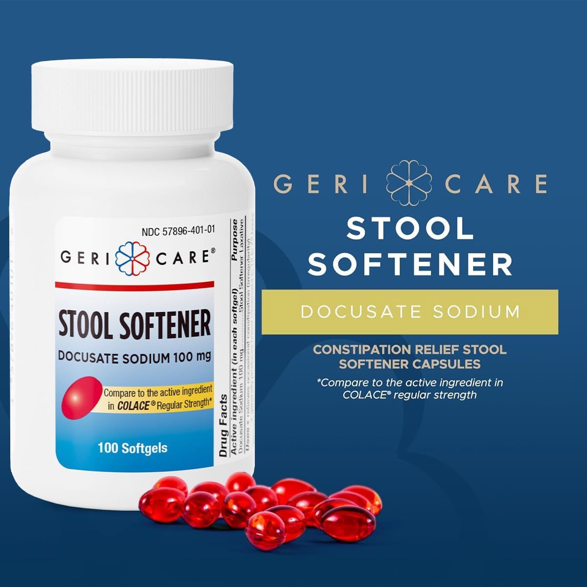 Solution pratique GeriCare Docusate Sodium pour maintenir le rythme intestinal.