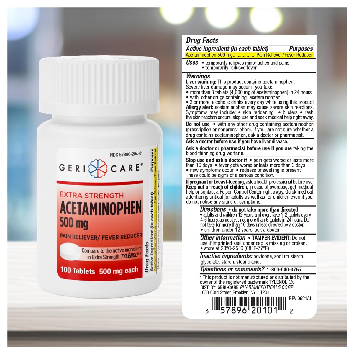 GeriCare Acétaminophène 500 mg, tablettes, dosage pratique pour douleurs variées.
