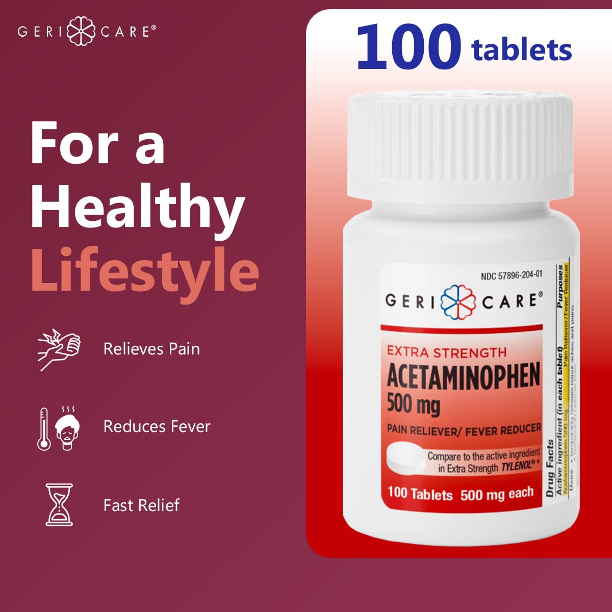 GeriCare Acétaminophène 500 mg, tablettes pelliculées, soulagement rapide et fiable.