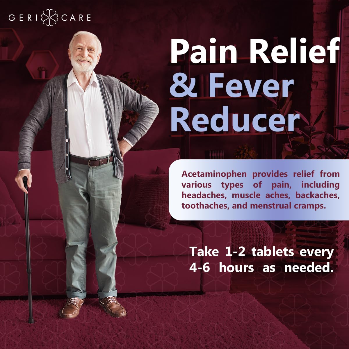 GeriCare Extra Strength Acétaminophène 500 mg, pilules faciles à avaler pour usage quotidien.