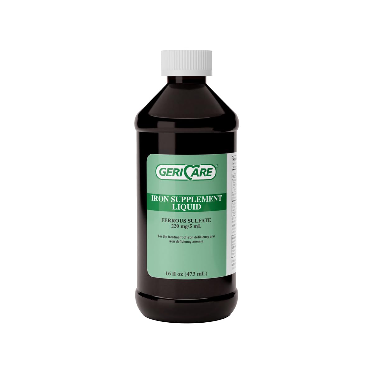 GeriCare fer liquide – bouteille en gros plan, soutien quotidien en énergie.