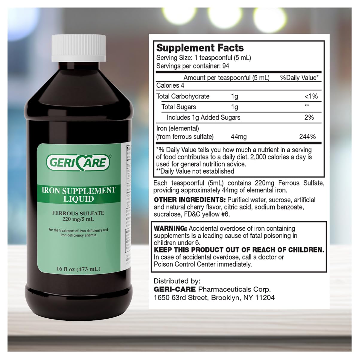 GeriCare fer liquide – étiquette lisible, informations claires sur le produit.