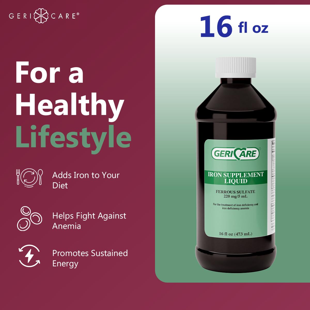 GeriCare fer liquide – versement dans un verre, utilisation simple au quotidien.