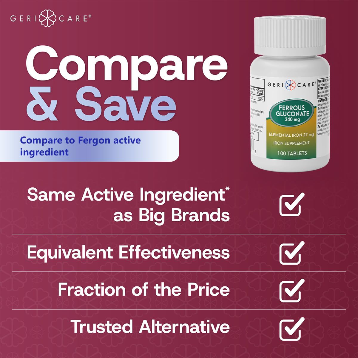 GeriCare Ferrous Gluconate 27 mg – boîte, emballage pratique pour la routine.