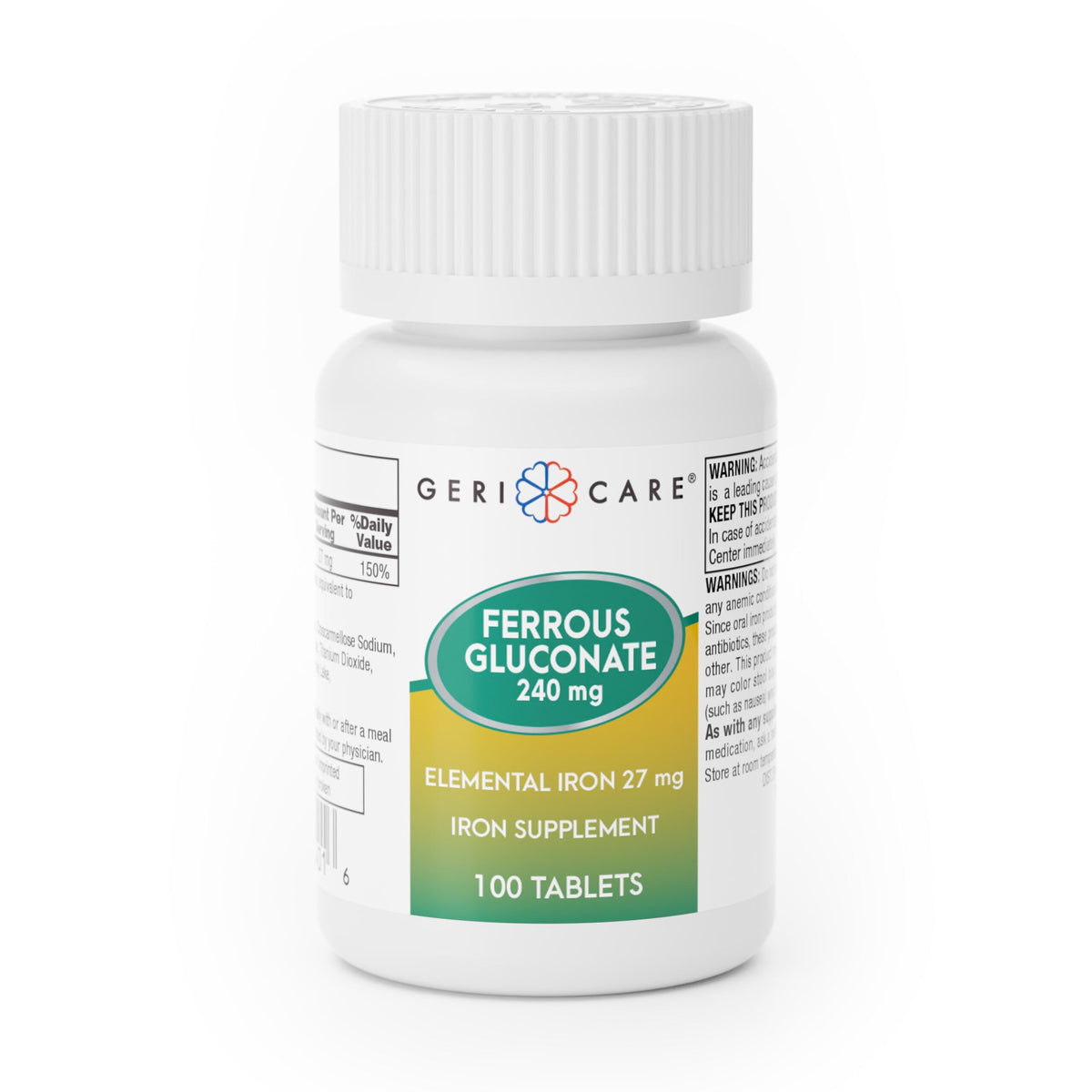 GeriCare Ferrous Gluconate 27 mg – bouteille, soutien potentiel à l énergie quotidienne.