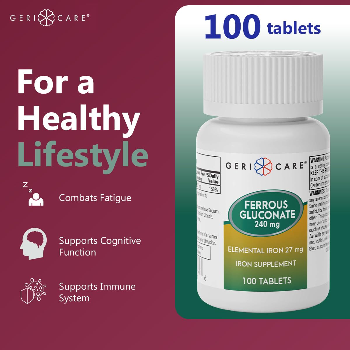 GeriCare Ferrous Gluconate 27 mg – comprimé facile à avaler et léger sur l estomac.