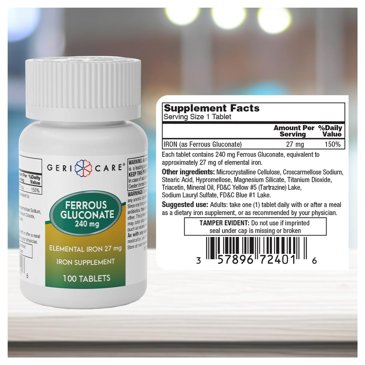 GeriCare Ferrous Gluconate 27 mg – étiquette, informations d utilisation claires.