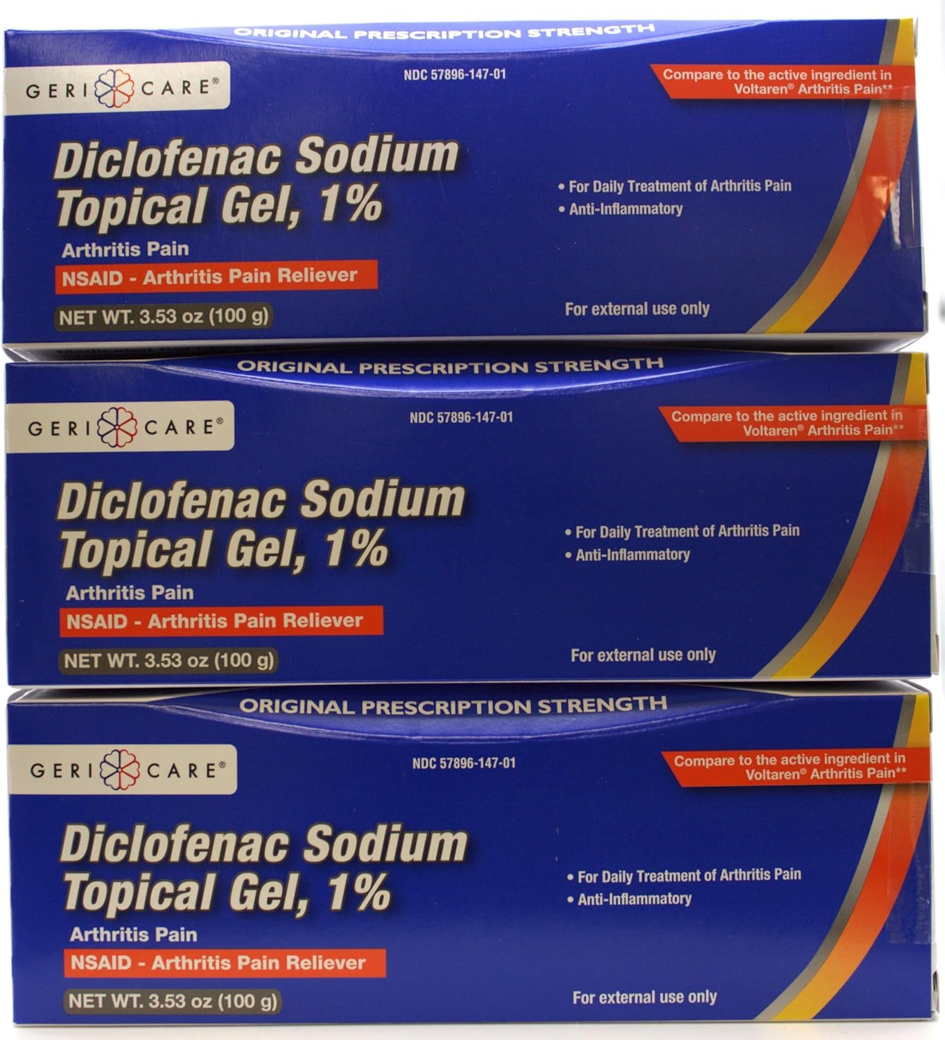 Flacon GeriCare Diclofénac 1% prêt pour douleur localisée.