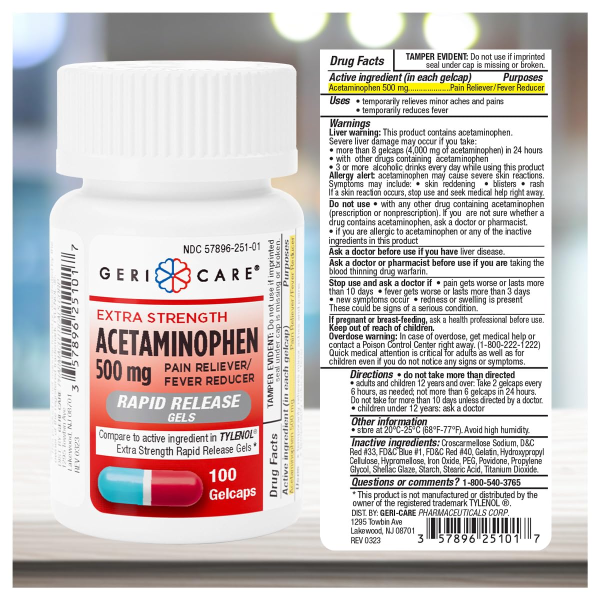 GeriCare gelcaps acétaminophène 500 mg: dosage clair.