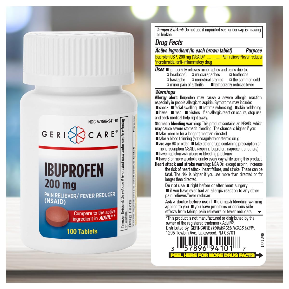 GeriCare Ibuprofen boîte prête à emporter pour les besoins quotidiens.
