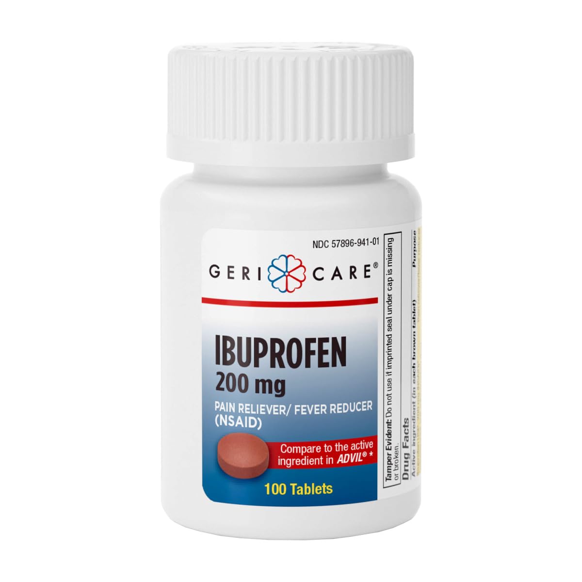 GeriCare Ibuprofen pilules dans la bouteille, soulagement potentiel des douleurs.