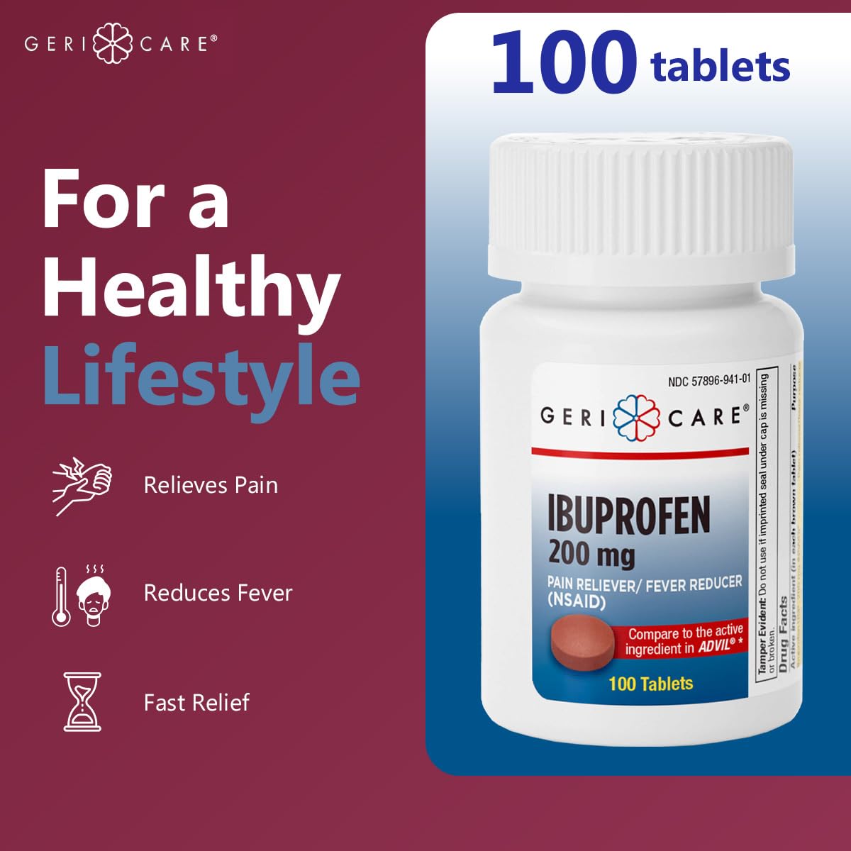 GeriCare Ibuprofen doseur inclus facilitant l'utilisation sécurisée.