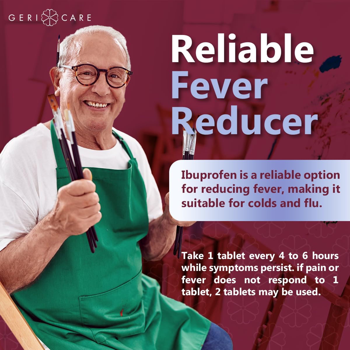 GeriCare Ibuprofen emballage clair facilitant la gestion des comprimés.