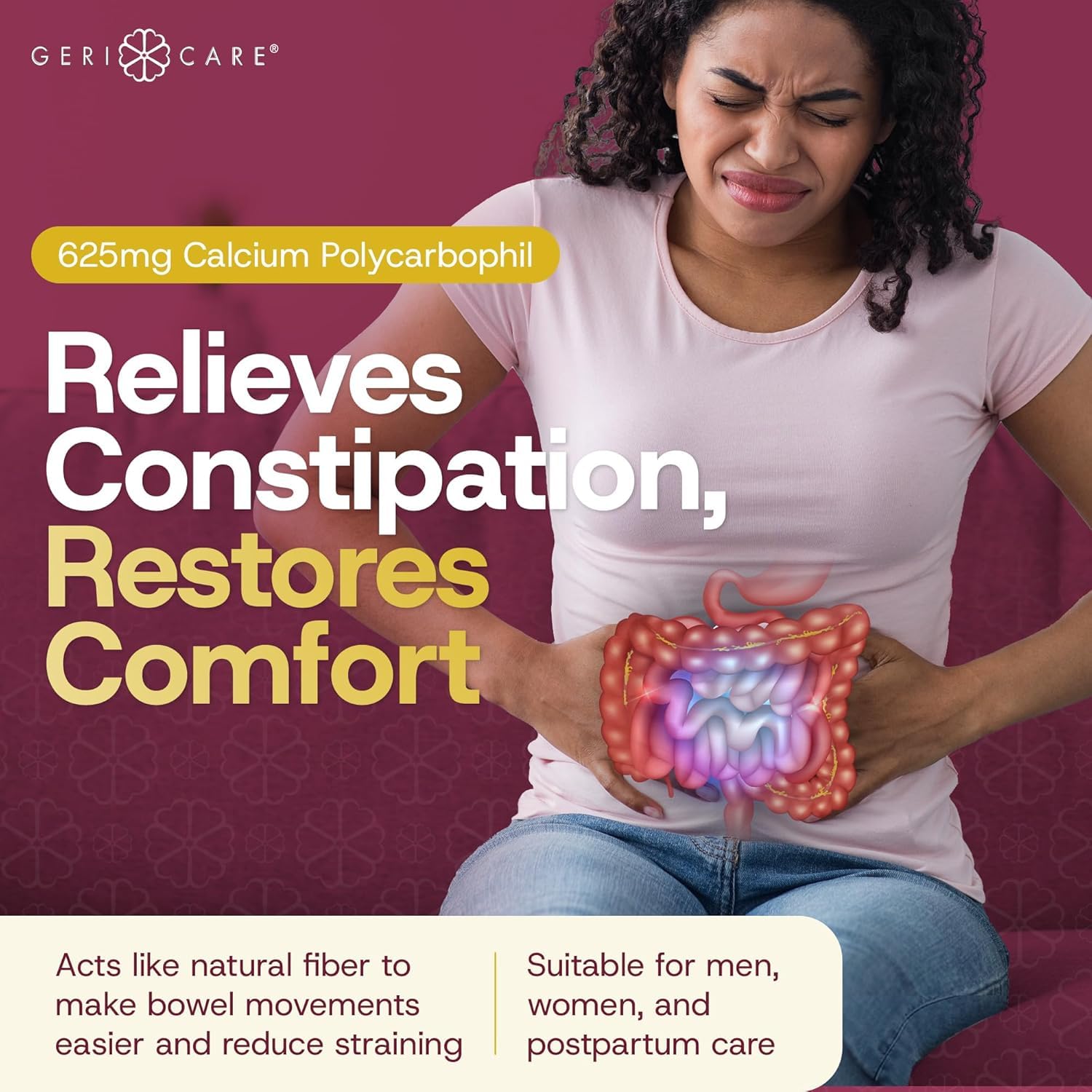 GeriCare Laxatif Fibre caplets: ingrédient calcium polycarbophil et dosage recommandé.