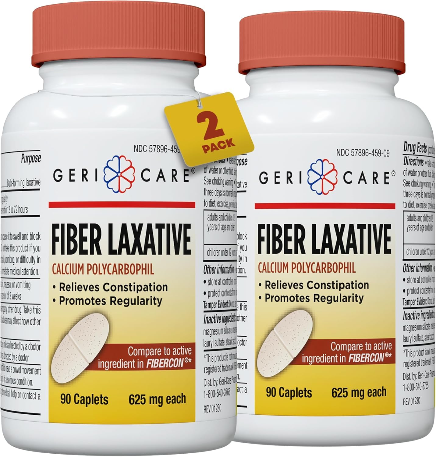 GeriCare Laxatif Fibre caplets: bouteille et emballage 2-paquets pour un soulagement potentiel de la constipation.
