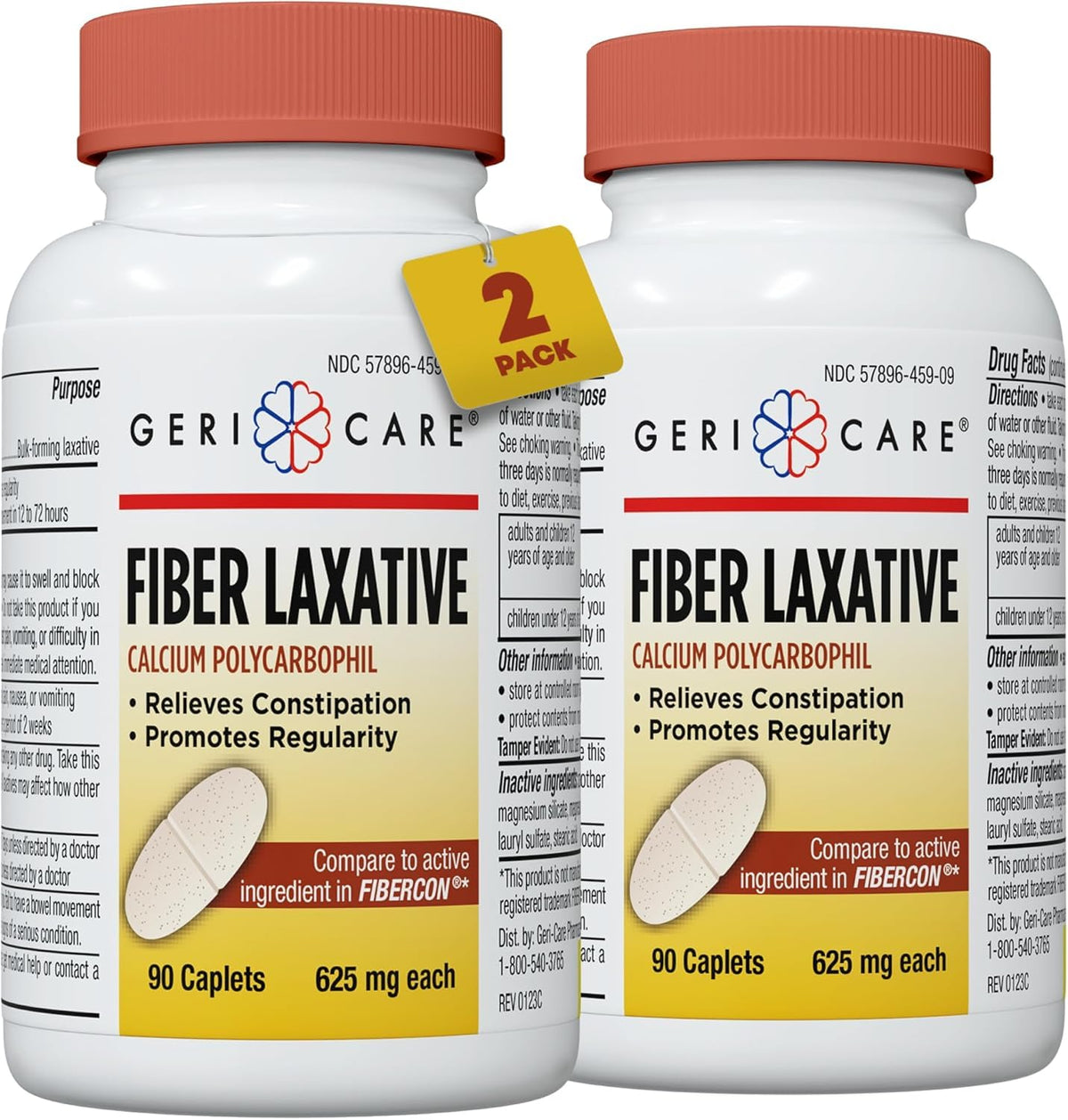 GeriCare Laxatif Fibre caplets: bouteille et emballage 2-paquets pour un soulagement potentiel de la constipation.