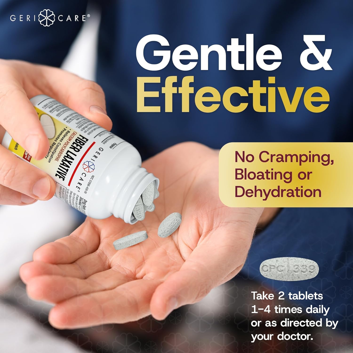 GeriCare Laxatif Fibre caplets: dose quotidienne indiquée pour régularité potentielle.
