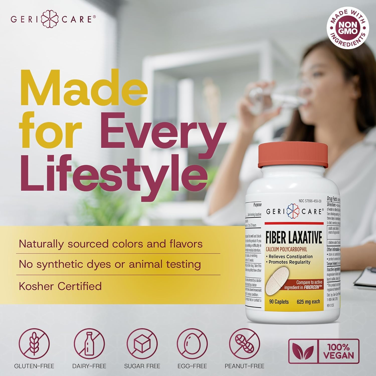 GeriCare Laxatif Fibre caplets: packaging clair et logo de la marque.