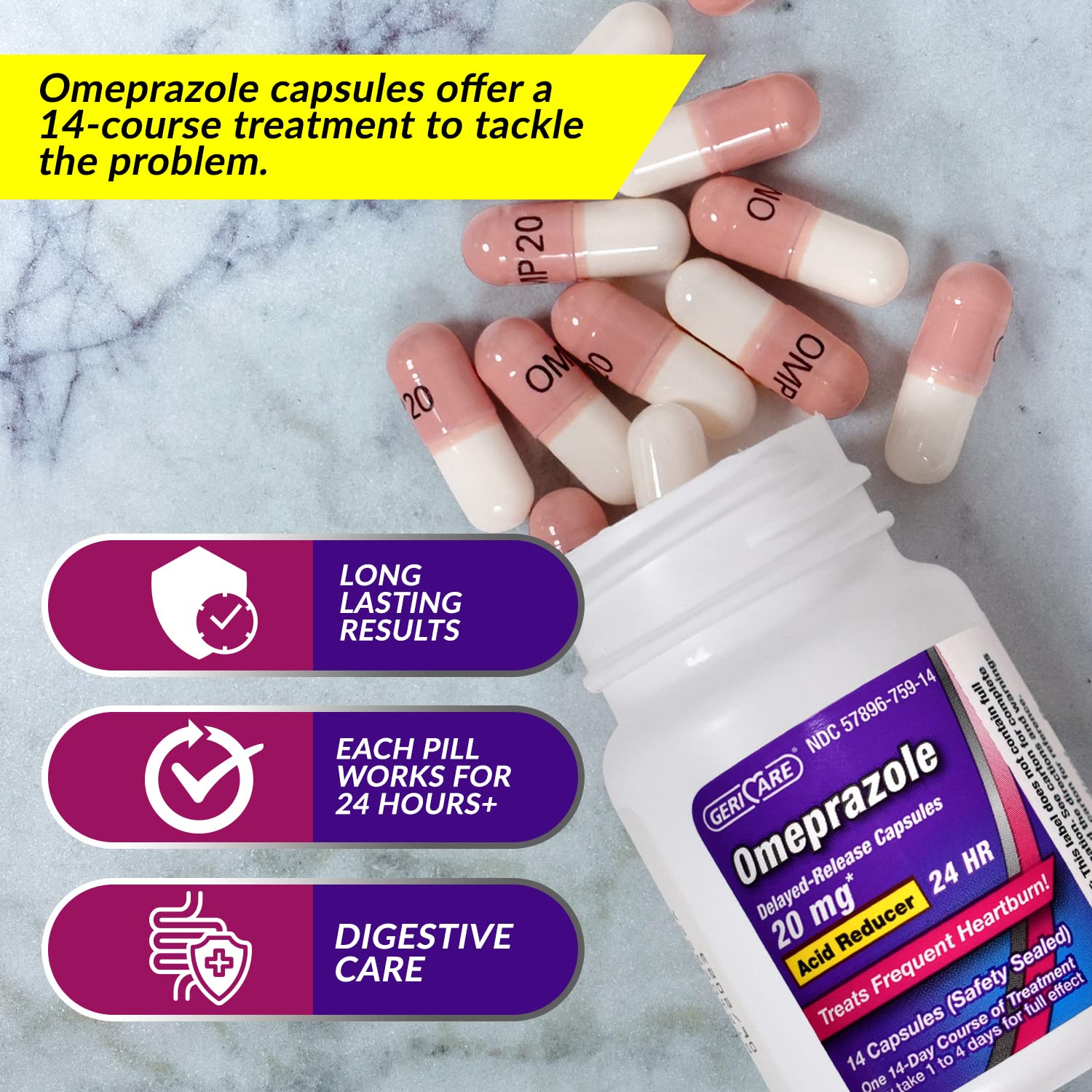 GeriCare omeprazole libération retardée, lot de deux paquets pour une couverture prolongée.