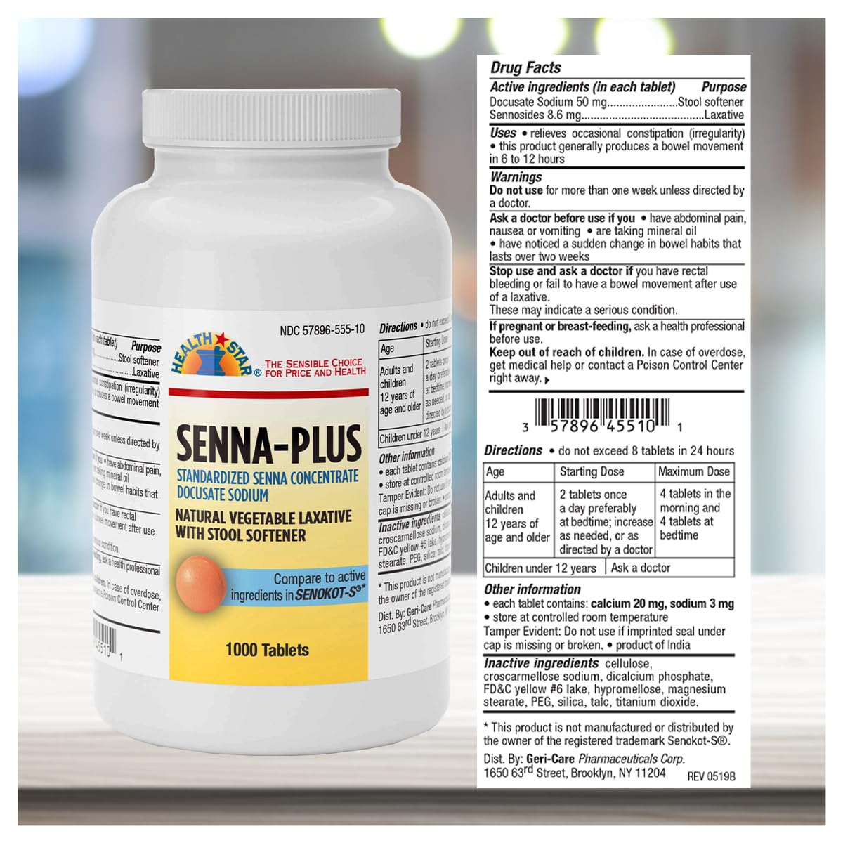 GeriCare Senna Plus: étiquette lisible sur l’emballage indiquant les doses.