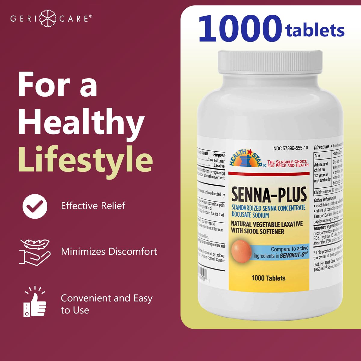 GeriCare Senna Plus: comprimés ovales visibles, dosage 50 mg/8,6 mg, facilite le transit.