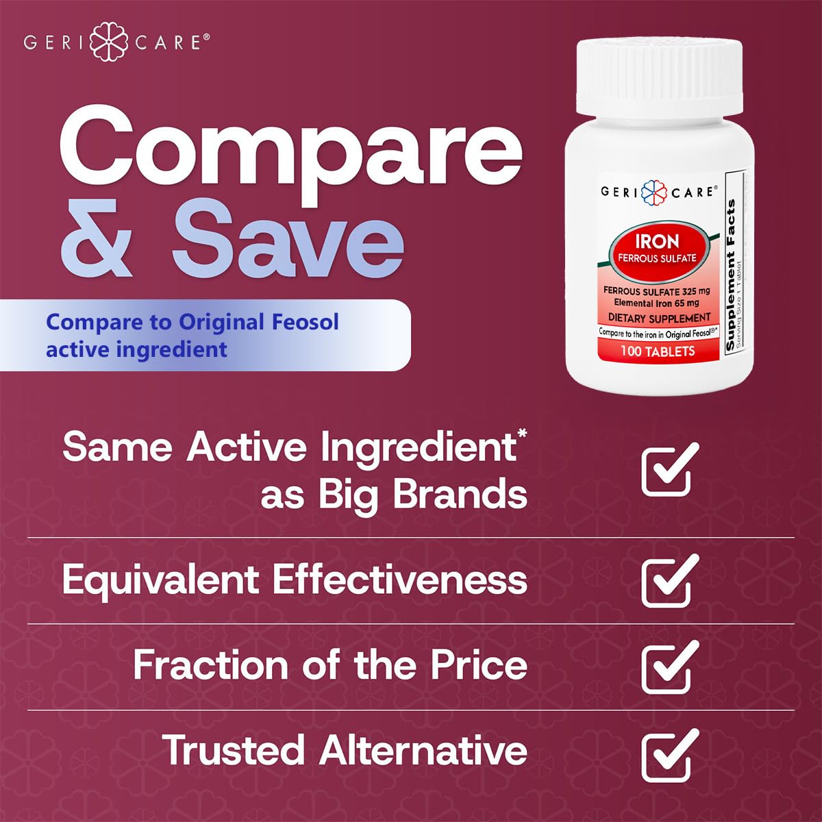 GeriCare comprimés 325 mg, dosages quotidiens et routine.