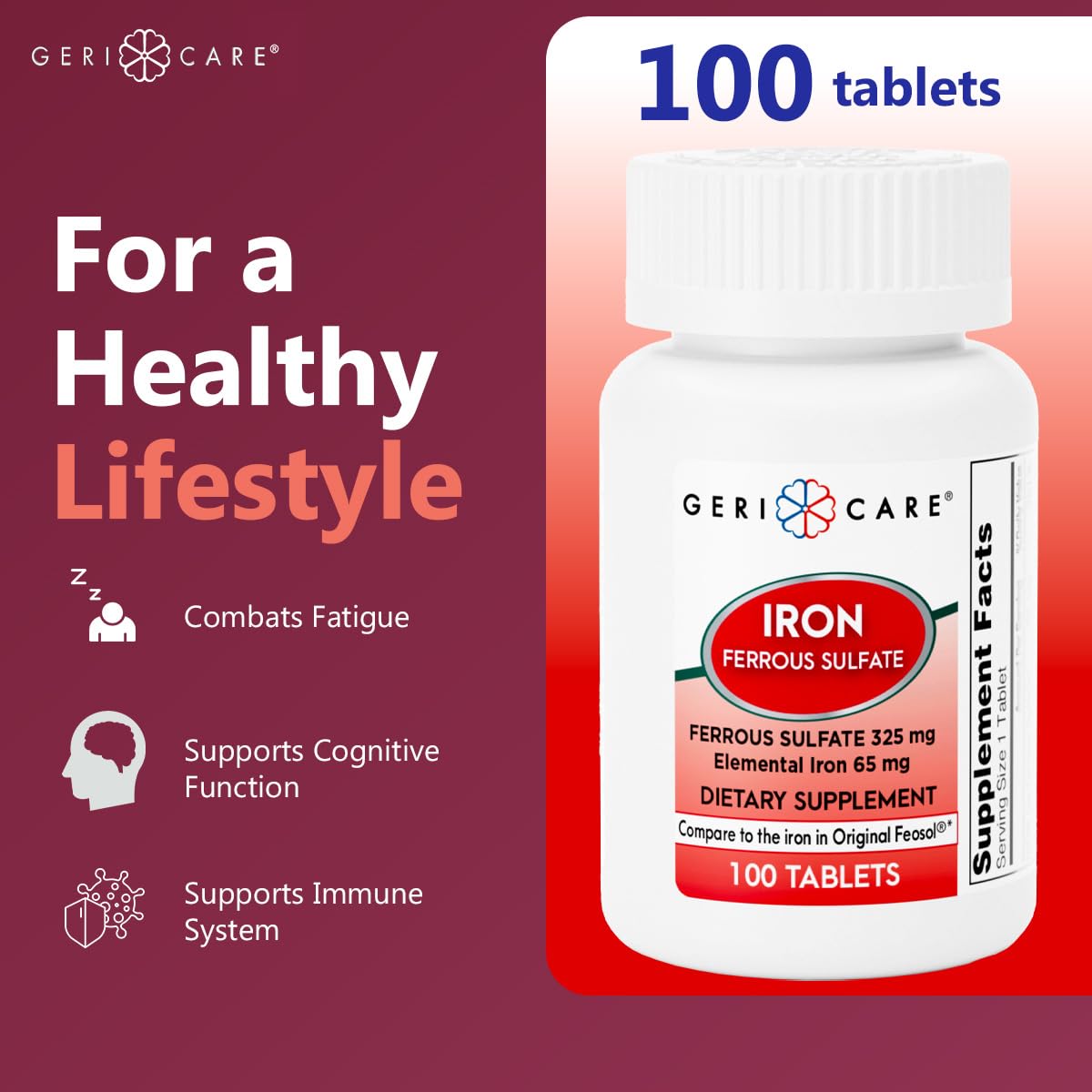 GeriCare étiquette de dosage lisible et informations claires.