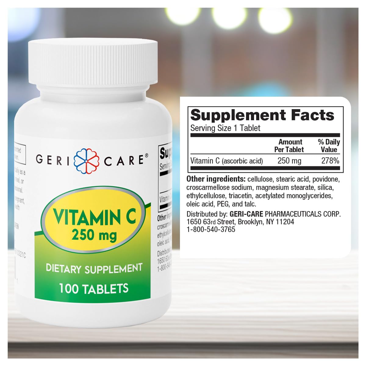 Étiquette GeriCare Vitamine C 250 mg – composants et conseils d'utilisation.