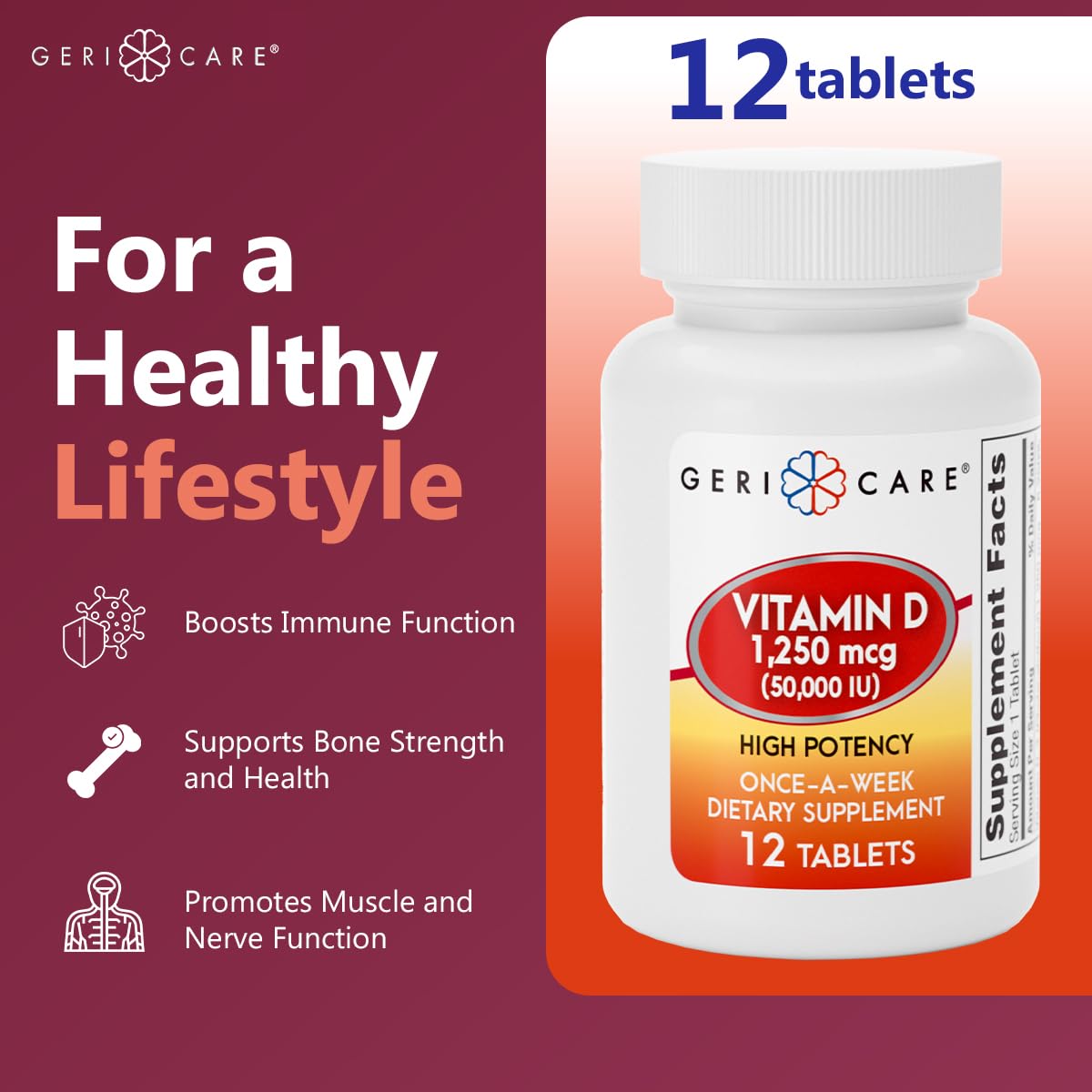 GeriCare Vitamine D, dose hebdomadaire, facilite l'absorption du calcium.
