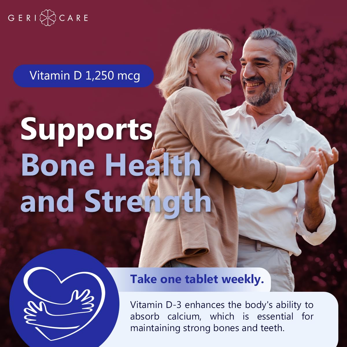 GeriCare Vitamine D, usage hebdomadaire pratique pour le bien-être quotidien.