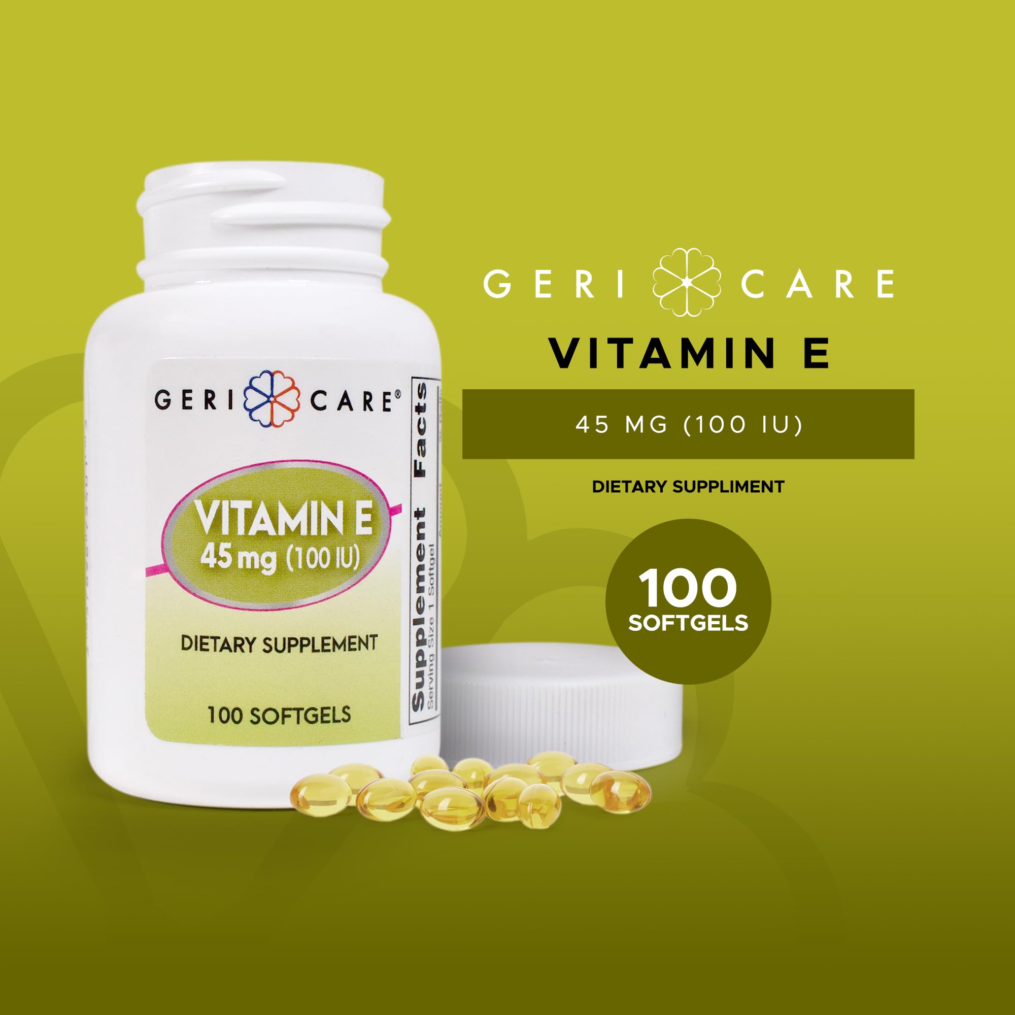 GeriCare vitamine E gélules 100 UI, dosage pratique pour usage quotidien.