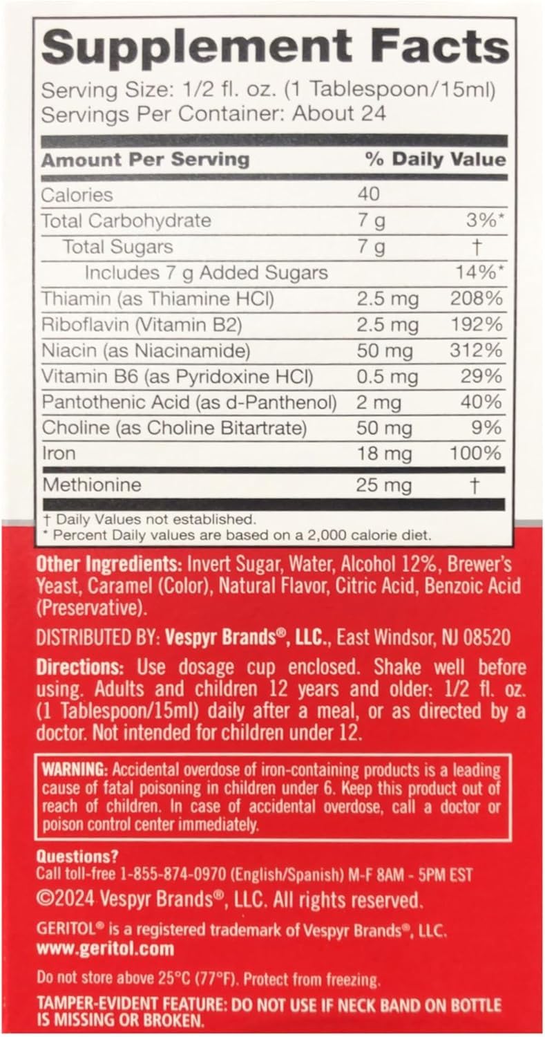 Geritol Liquide : cuillère-dose incluse pour une prise simple.