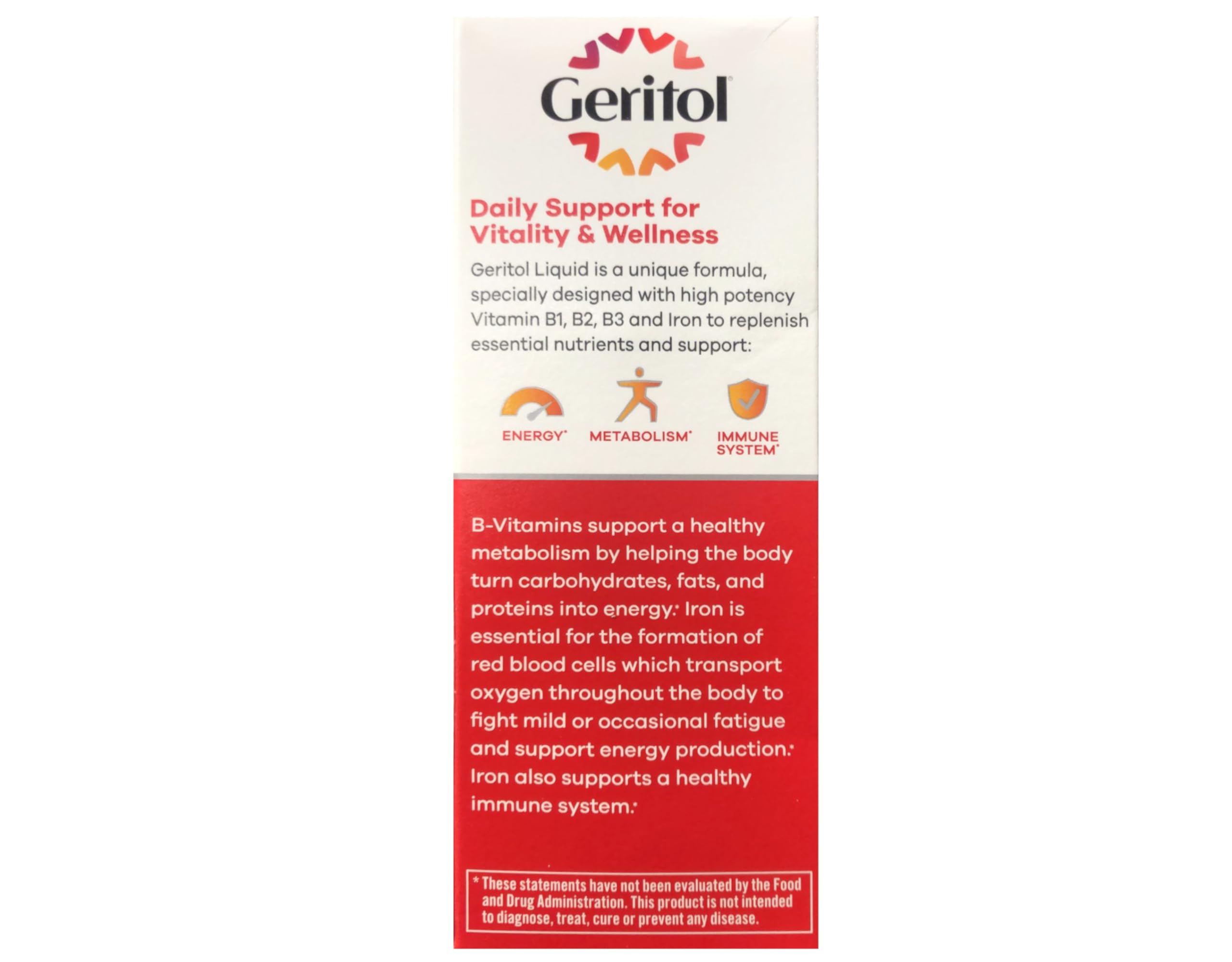 Cuillère-dose Geritol montrée, prise après le repas.