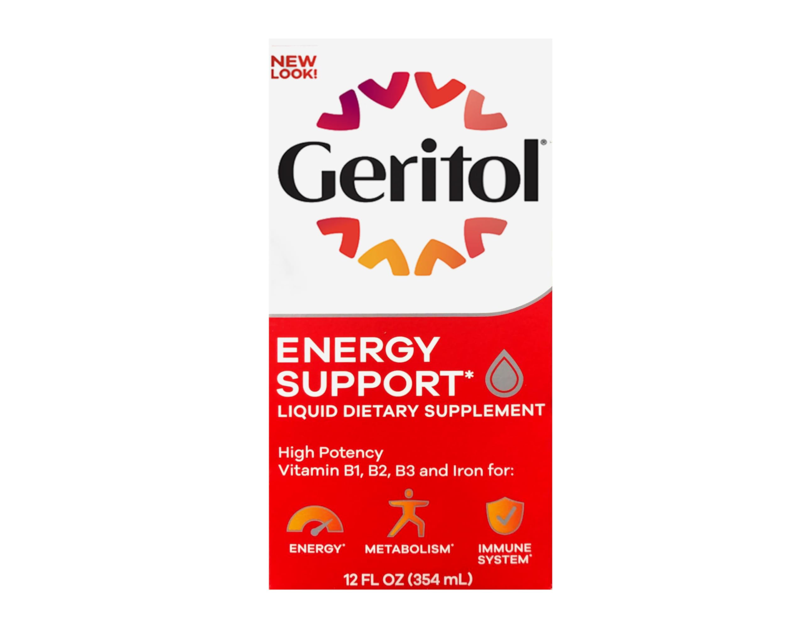 Geritol liquide, emballage lot de six, pratique pour l'apport quotidien.