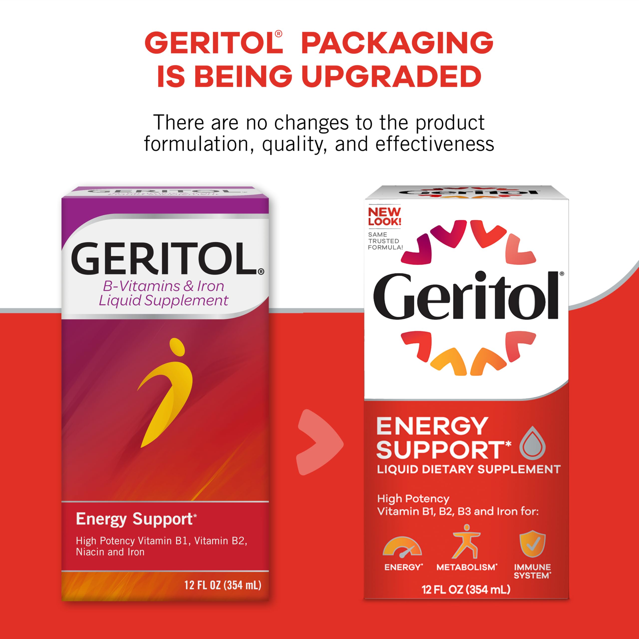 Geritol Liquide: emballage sans édulcorants artificiels et sans OGM.