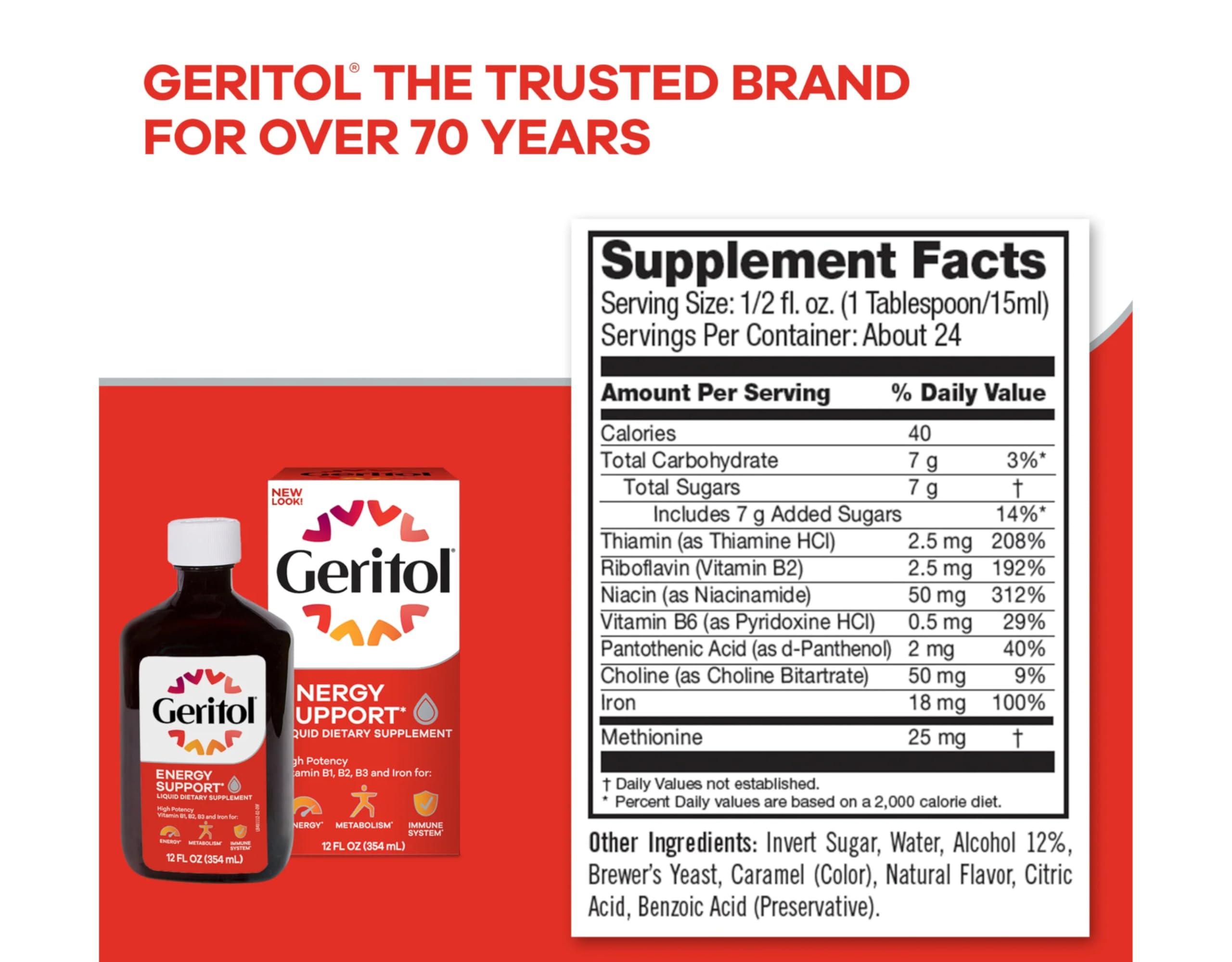 Geritol fabriqué aux États‑Unis pour la qualité.